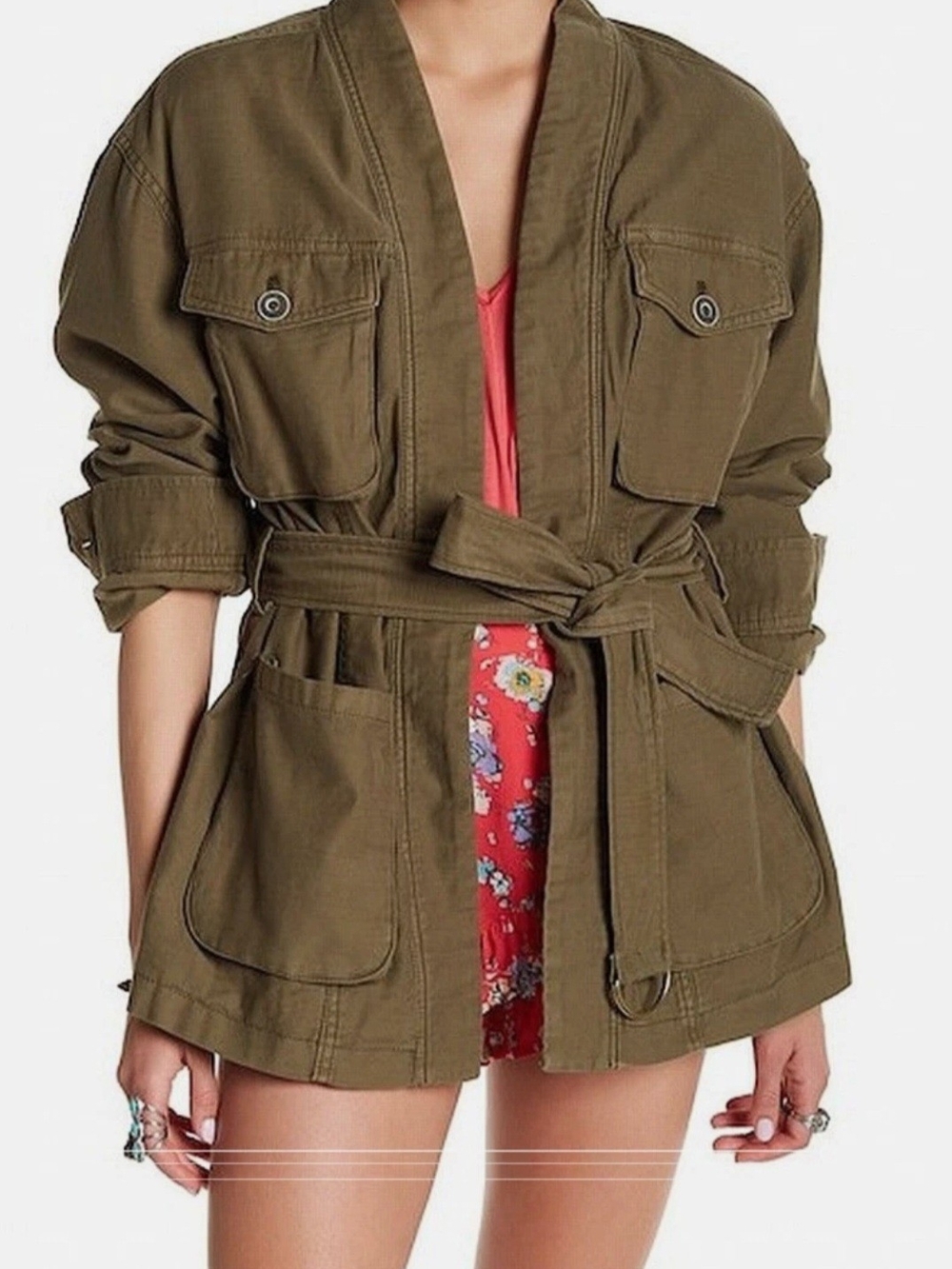 Free People In Our Nature Cargo Jacket S Olive Green Belted Utility Boho FP